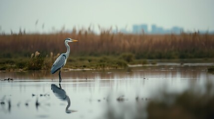 Heron in Urban Wetlands &ndash; Wildlife Reflection Amid Marsh Grass and City Skyline
