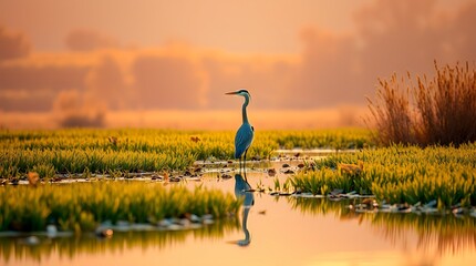 Golden Heron at Sunrise &ndash; Serene Wetland Reflection in Warm Light