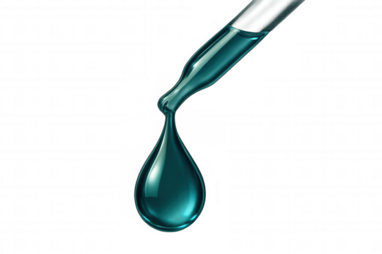 Glass pipette dropping a turquoise drop of liquid, isolated on transparent background, ideal for beauty, healthcare and science projects