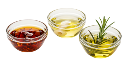 Three small glass bowls with oils and herbs isolated on transparent background