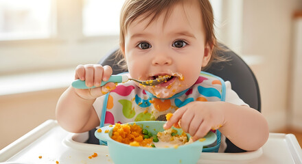 A Baby Enjoying a Meal of First Solids

