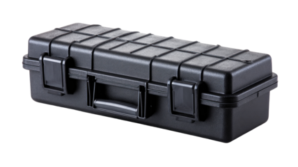 Black hard plastic tool case.  Rectangular, long and shallow.  Features a textured surface and latches