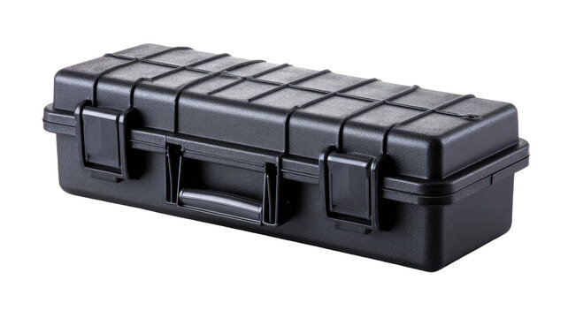 Black hard plastic tool case.  Rectangular, long and shallow.  Features a textured surface and latches