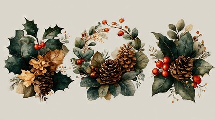 Fototapeta premium Three watercolor Christmas wreaths featuring holly, pine cones, and holly berries
