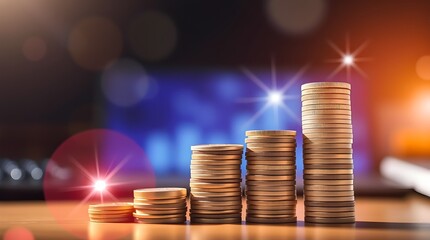 Ascending Coin Stacks with Dollar Bills on Wooden Surface – Symbolic Wealth Growth in Bokeh Lighting