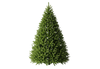 A single, unadorned, freshly cut, vibrant dark green fir Christmas tree with dense needles, isolated on a bright white studio background with ample copy space. Classic holiday tradition
