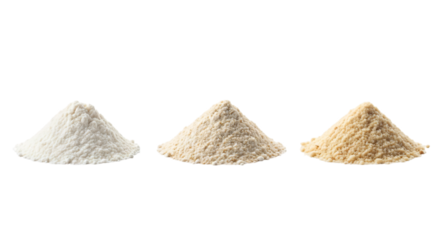 Three piles of flour white, beige, and brown isolated on transparent background