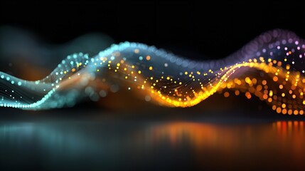 Abstract glowing wave pattern with blue and orange light over a dark reflective surface