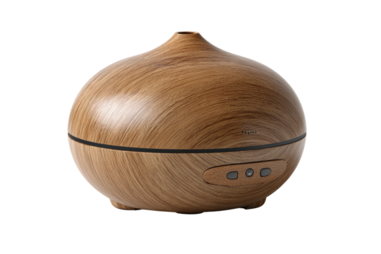 Light brown wooden aroma diffuser.  Rounded, bulbous shape with a tapered top.  Wood grain pattern.  Dark gray/charcoal controls on the base