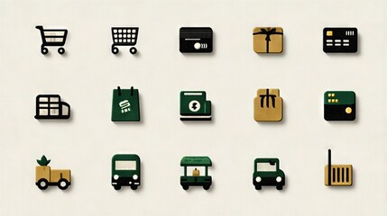   A variety of magnets arranged on a white background with two shopping carts positioned side-by-side