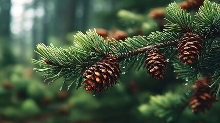   A close-up image shows a pine tree branch with a pinecone dangling from it, set against the backdrop of a lush forest
