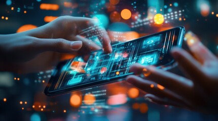 Hands interacting with futuristic holographic interface on mobile device