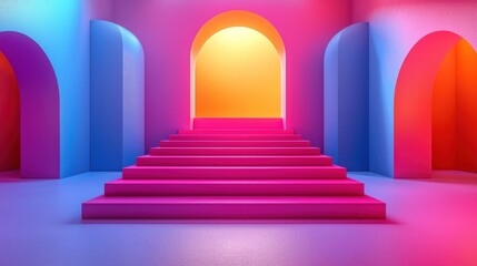 Neon arches, pink stairs, vibrant room, product display