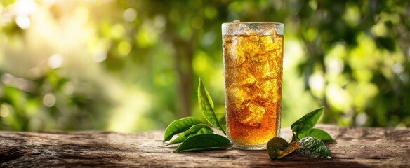 The glass of iced tea on rustic wood with fresh green tea leaves