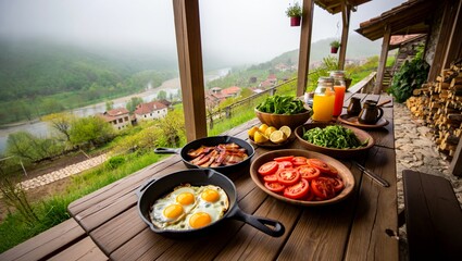 A delightful rustic breakfast spread with fried eggs, crispy bacon, fresh salads, and juices on a...