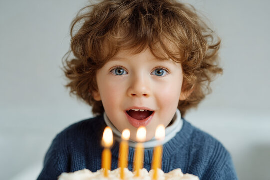 joyful child blows out candles on birthday cake with pure delight