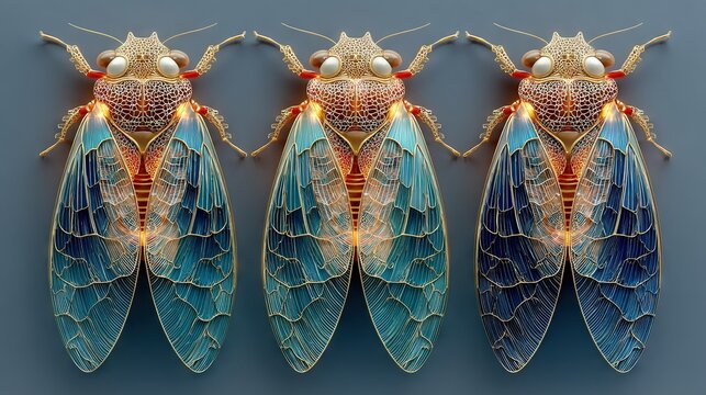   A close-up of three colorful insects with various body parts and wing shades against a blue backdrop