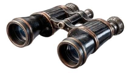 Antique black binoculars.  Dark vintage binoculars with aged, rich black finish.  Focus adjustment visible on the connecting piece.  Large lens openings and detailing on barrels