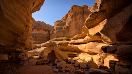 A stunning narrow desert canyon with towering, layered sandstone walls and a rocky floor. Warm earthy tones under a bright blue sky evoke ancient majesty and rugged adventure, ideal for nature, travel
