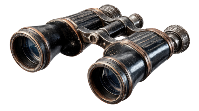 Antique black binoculars.  Dark vintage binoculars with aged, rich black finish.  Focus adjustment visible on the connecting piece.  Large lens openings and detailing on barrels