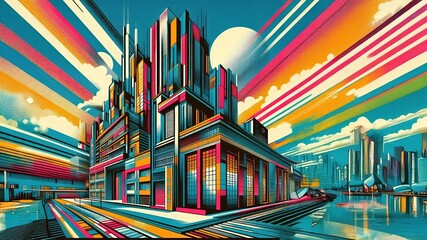 Vibrant colorful futuristic cityscape reflecting in water with striped clouds