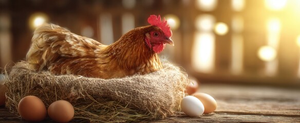 The Hen Nestled in a Straw Nest Surrounded by Fresh Eggs and Warm Sunlight