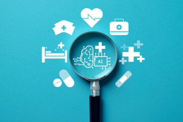 A magnifying glass on an AI icon at the center of a healthcare ecosystem. A concept for how Artificial Intelligence is transforming medicine, diagnostics, patient care, and hospitals.