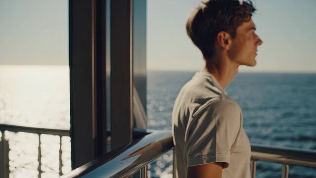 Man standing on balcony looking out at the ocean. Male relaxes on balcony in the ocean. A casual casual with a serene sunlight. A man on a balcony gazing at the ocean lifestyle. - Powered by Adobe