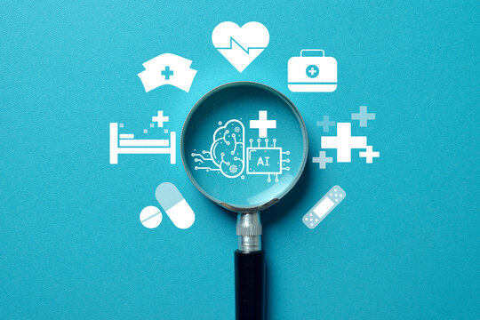 A magnifying glass on an AI icon at the center of a healthcare ecosystem. A concept for how Artificial Intelligence is transforming medicine, diagnostics, patient care, and hospitals.