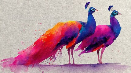   A pair of vivid birds perched on a white platform against a backdrop of white walls