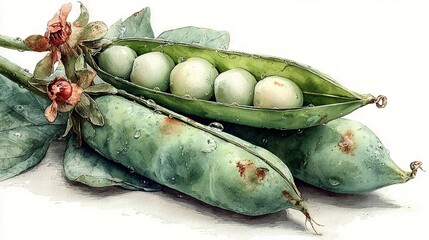  Watercolor depiction of two pea pods with eggs on a white canvas