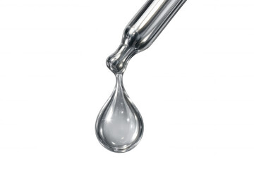 Transparent liquid dripping from glass laboratory pipette, isolated with clean alpha channel background