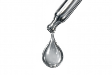 Transparent liquid dripping from glass laboratory pipette, isolated with clean alpha channel background