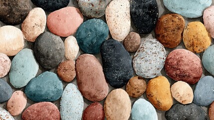   A close-up photo of various sized and colored stones against a wall