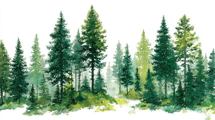   A painting of a forest with numerous trees filling the foreground and snow blanketing the ground