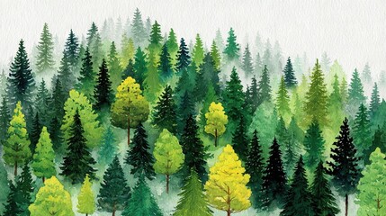  A forest painting with numerous trees in the foreground and a white background sky