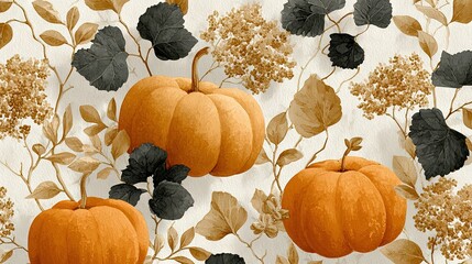   A close-up of pumpkin and leaf patterns on white background with black and brown leaves