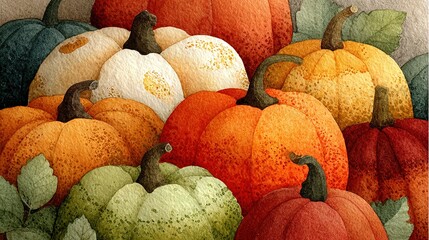   A painting depicts pumpkins and gourds with orange, green, yellow, and white leaves at their base