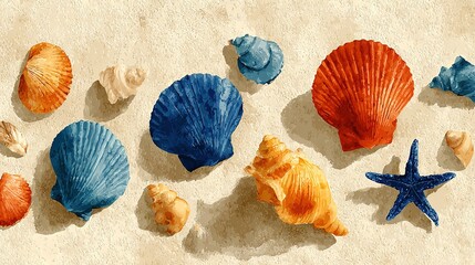   A colorful collection of shells and starfish on a sandy shore, featuring a blue starfish prominently