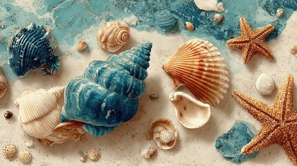   A collection of shells and sea stars on a white beach and deep-blue sea floor, surrounded by clear blue water