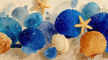   Seashells, Starfish & White Watercolor Background