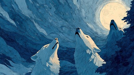   Three white wolves in blue-white mountains under a full moon