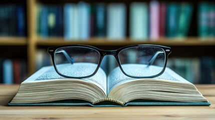 Glasses Over Open Book on Table with Blurred Bookshelf Background in a Cozy Library Setting for Reading and Learning