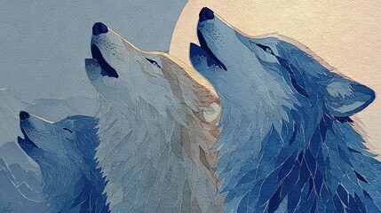   A painting of two wolves confronting each other under the moon in the background
