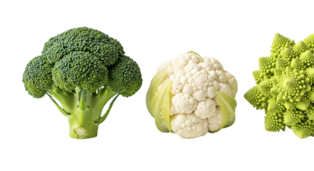 Broccoli, cauliflower, and romanesco broccoli isolated on transparent background