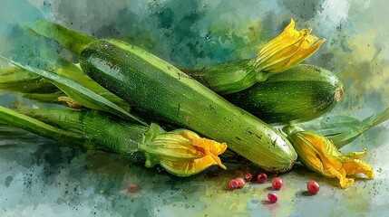   Zucchini & Yellow Flowers on Blue-Green Background with Water Drops