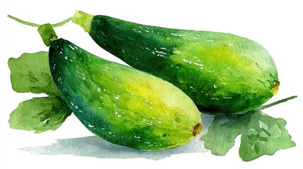   Watercolor depicts green cucumbers with leaves on white background