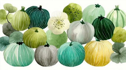   Green pumpkin painting with leaves on top