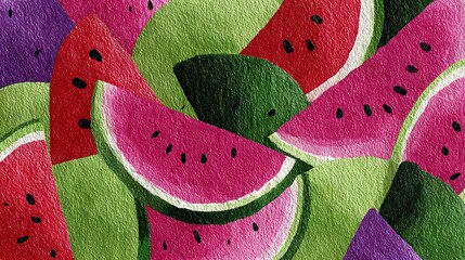   Watermelon slices painting, featuring a green stem on one slice