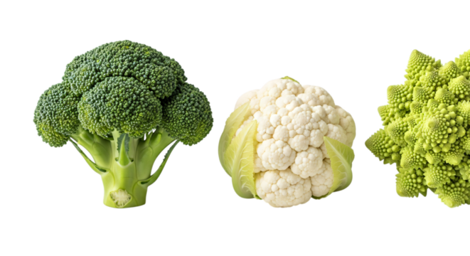 Broccoli, cauliflower, and romanesco broccoli isolated on transparent background